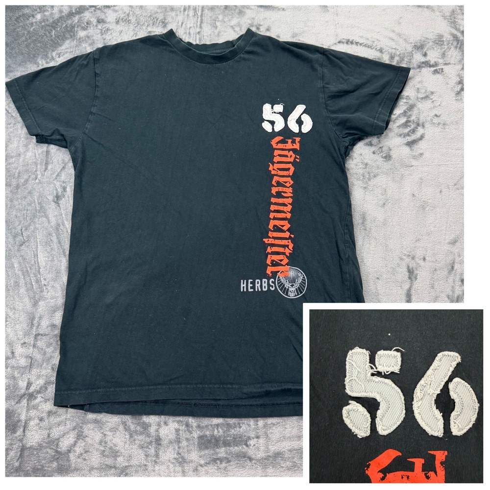 Y2K Jagermeister Promo Mens L Black Graphic T-Shirt 56 Herbs Distressed Applique